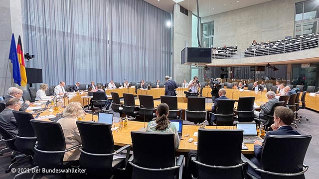 Dieses Bild zeigt den Sitzungssaal des Marie-Elisabeth-Lüders-Hauses während der Bundeswahlausschusssitzung. © Der Bundeswahlleiter