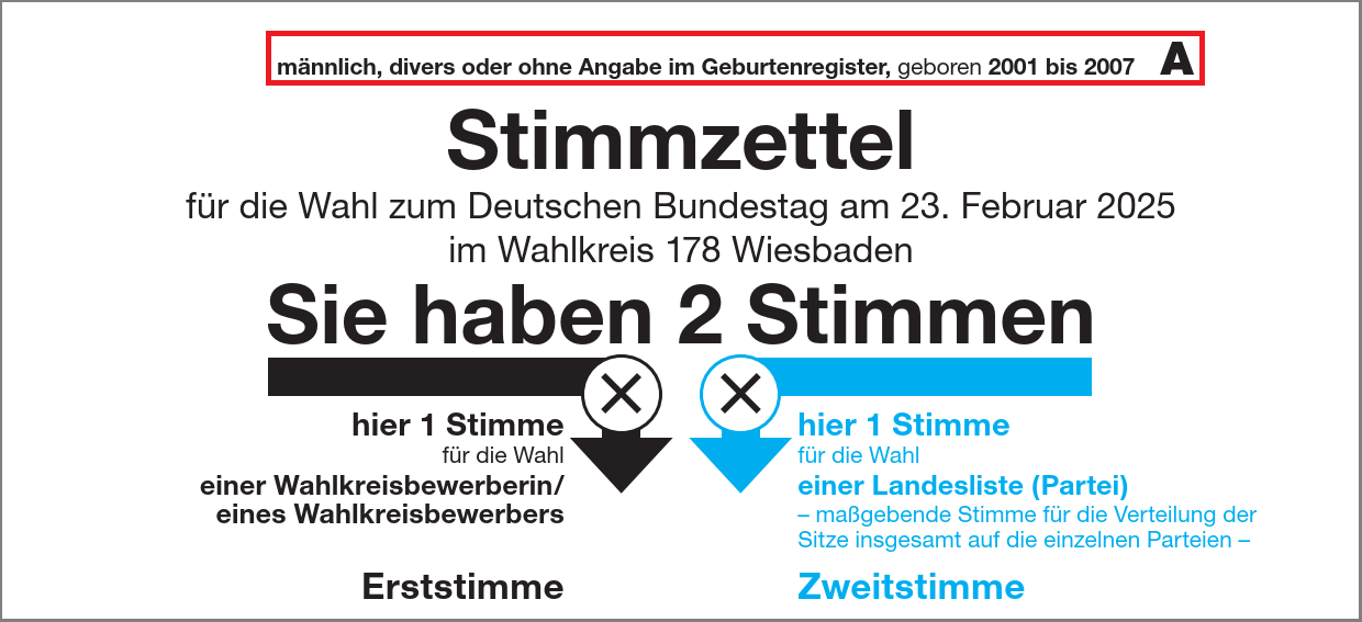 Dieses Bild zeigt einen Musterstimmzettel mit Unterscheidungsaufdruck für die repräsentative Wahlstatistik